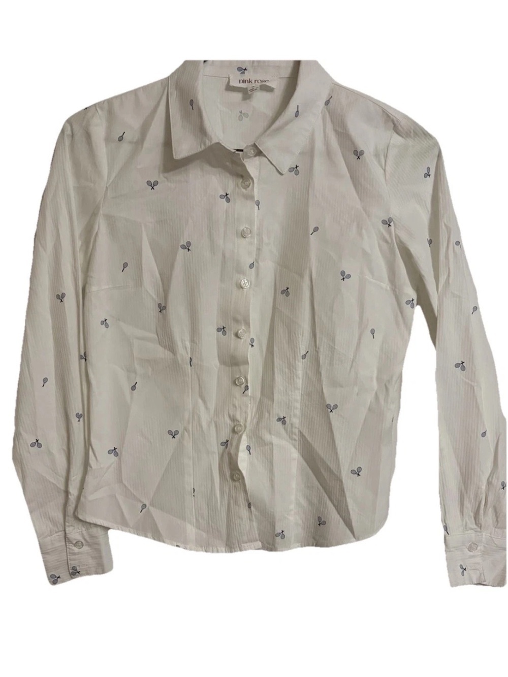 Pink Rose White Button-Down Shirt with Navy Micro Tennis Racket Print